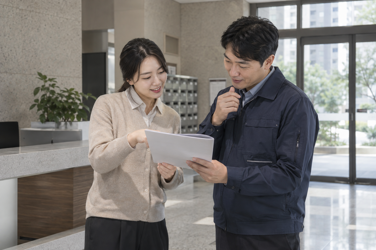 관리사무소 담당자와 현장 관리자가 서류를 보며 작업 내용을 협의하는 연출 이미지